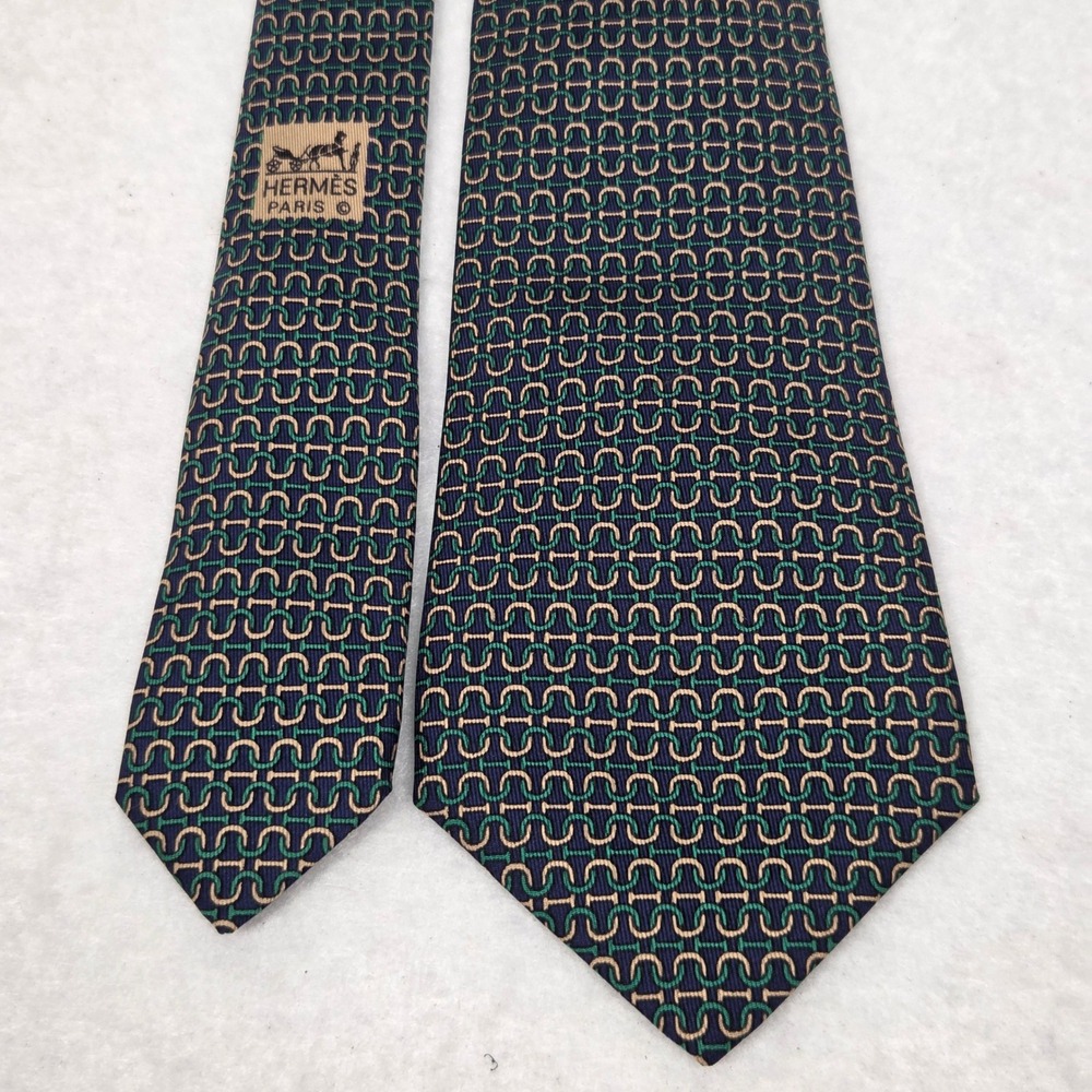 Hermes Silk Tie Mens Navy Blue Green Gold Chain Link Geometric 7245 MA France